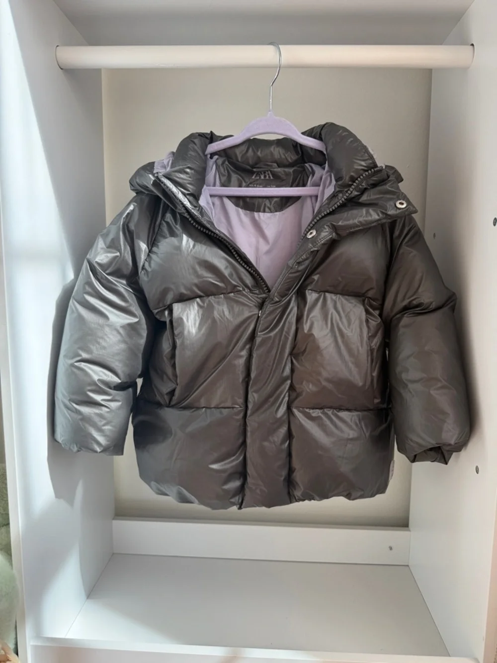 Zara Kids Shiny Charcoal Puffer Jacket with Hood